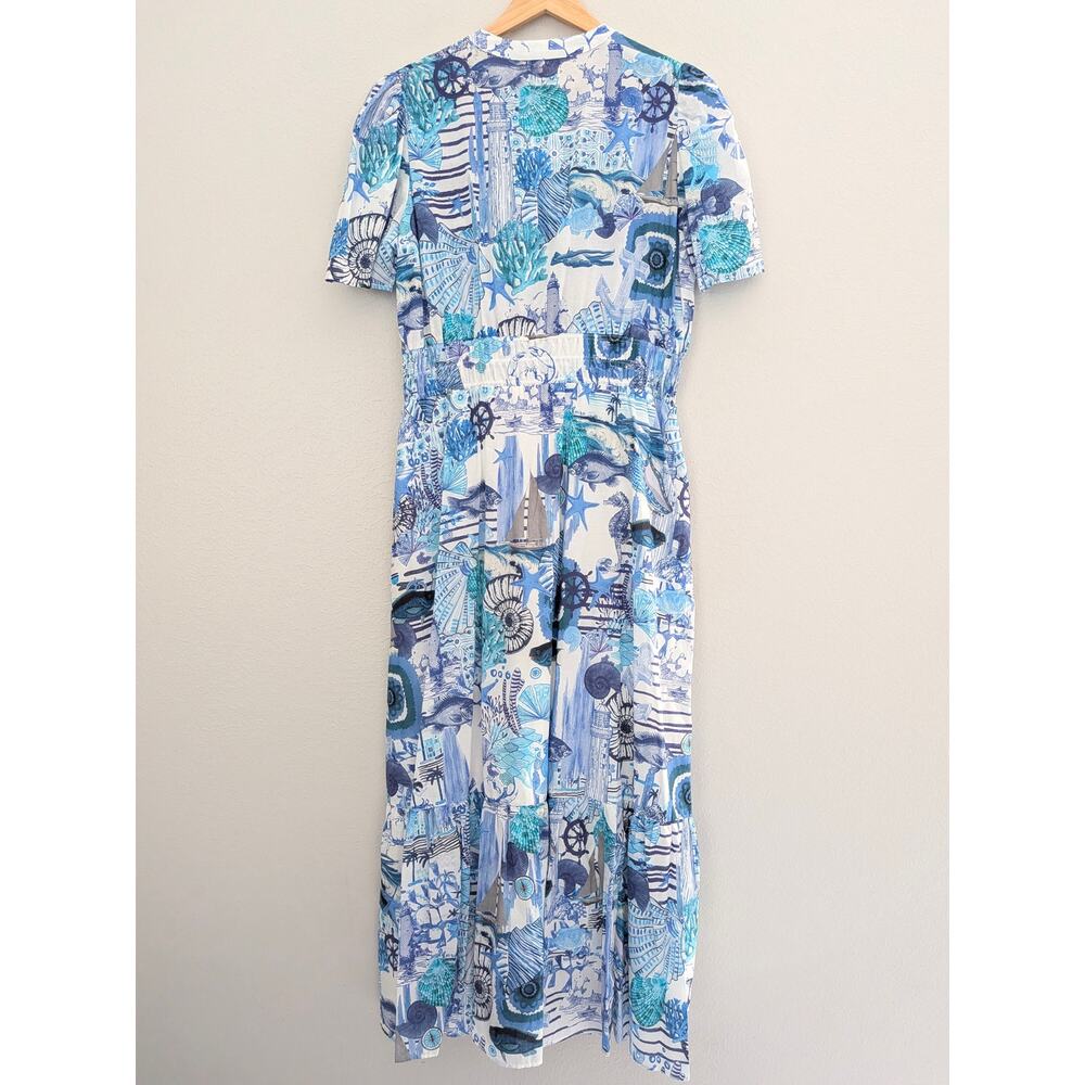 NWT Vilagallo Leila Shells Maxi Dress Blue White Short Sleeve Shift Dress 44 XL - Picture 2 of 7